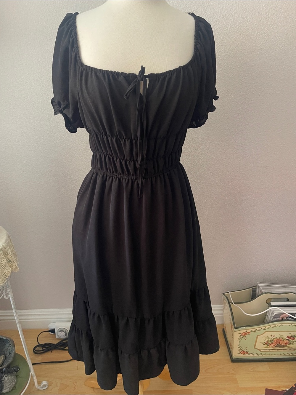 Women’s Black Square-Neck Smocked Midi Dress